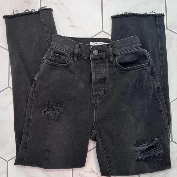 PacSun High Rise Straight Buttonfly Black Distressed Jeans Size 22 - Picture 1 of 7